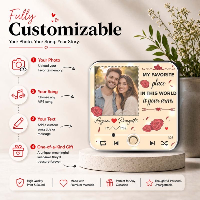 Personalized My Favorite Place is Your Arms Quote Printed Musical Fridge Magnet Anniversary & Birthday Gifts for Boyfriend Girlfriend Husband Wife | Music Player Style Keepsake Frame